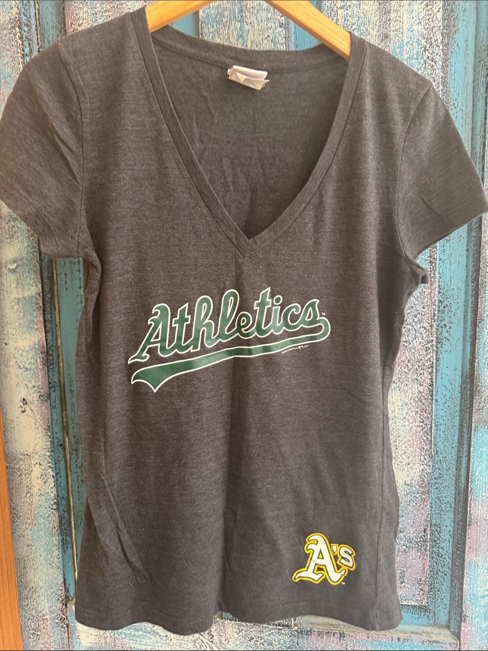 Athletics Women's V-Neck Tee - Dark Gray with Green Script